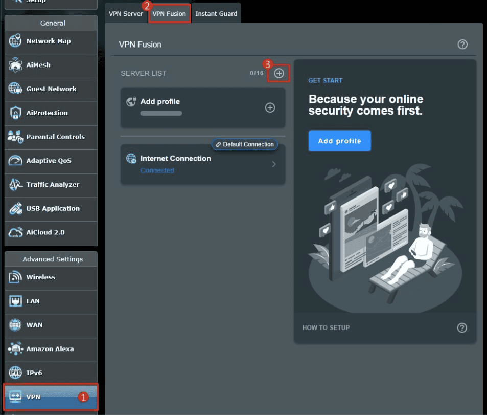Menú de la VPN de ASUSWRT con la pestaña VPN Fusion y el control para añadir perfiles resaltados