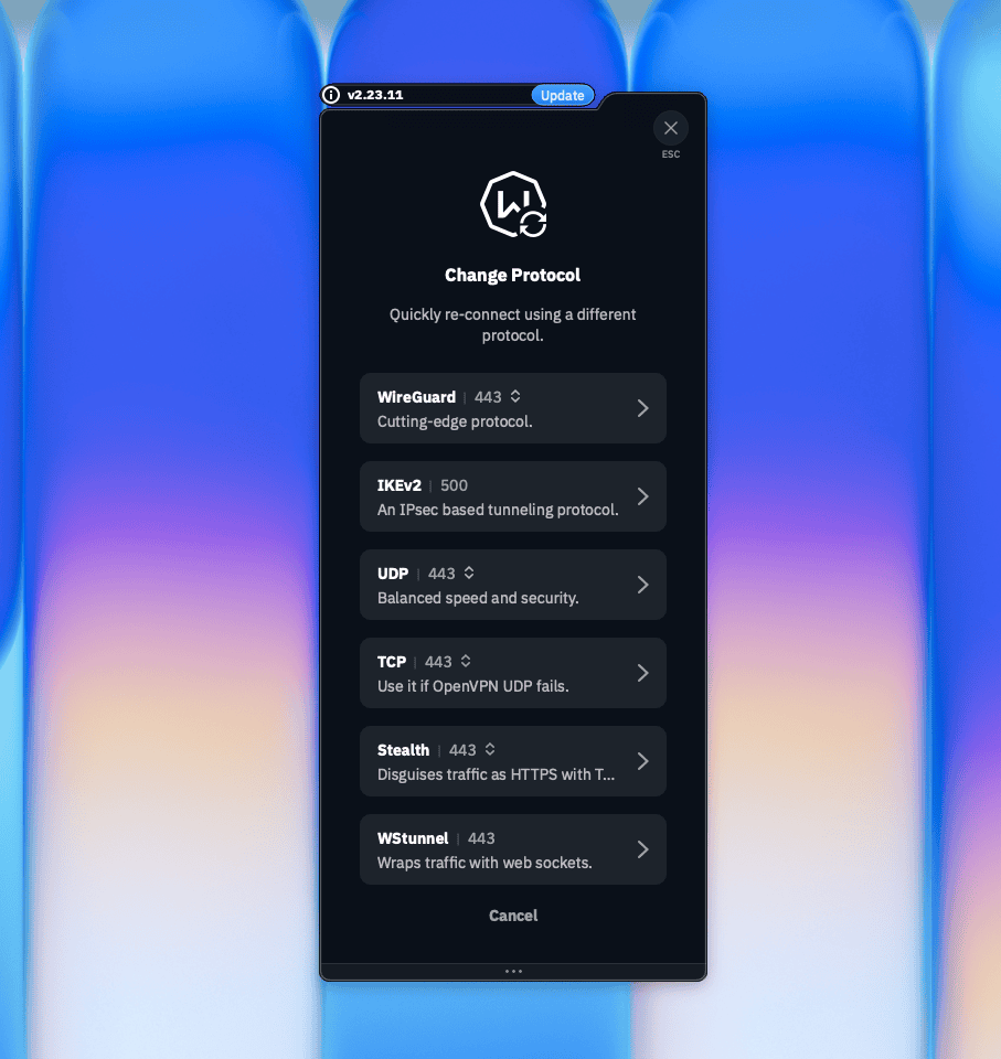 Cuadro de diálogo Change Protocol de Windscribe que muestra la opción UDP en el puerto 443 entre los protocolos VPN disponibles