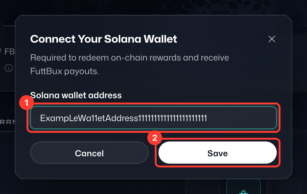 Das Fenster Verbinde deine Solana-Wallet, mit hervorgehobener Wallet-Adresse (1) und Speichern (2)