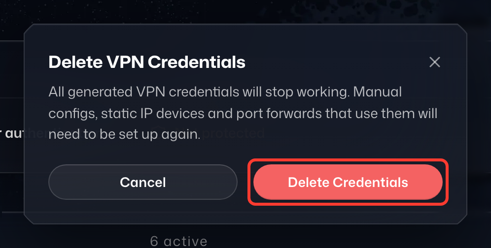 Der Dialog VPN-Zugangsdaten löschen, mit hervorgehobener Schaltfläche Zugangsdaten löschen