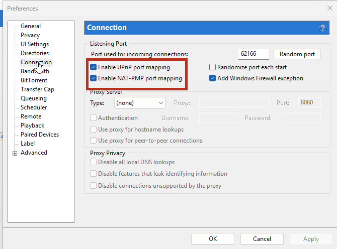 uTorrent Connection preferences showing the Enable UPnP port mapping and Enable NAT-PMP port mapping options